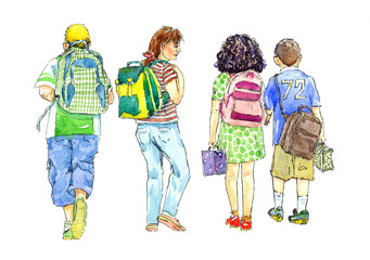 Hand painted Watercolor Illustration: girls and boys going to school with school bags