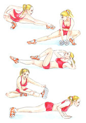 Hand painted Watercolor Illustration Fitness: blonde woman in red sportswear makes exercises, isolated hand painted watercolor illustration