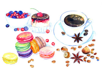 Hand painted Isolated Watercolor Illustration Cup of coffee, sweet dessert, colorful French macaroon cakes, berries, nuts, coffee beans and star anise