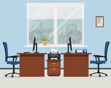 Workplace for two office workers in blue color. Vector flat illustration. On the picture the tables, a chairs, the computers, printer and other objects are situated on a window background
