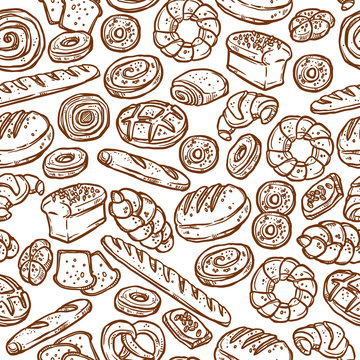 Bakery In Sketch Style Seamless Pattern On White Background
