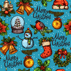 Naklejka premium Christmas Color Seamless Pattern With Sketch Objects
