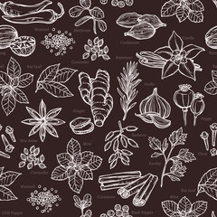 Herbs And Spice Sketch Seamless Pattern On Chalkboard