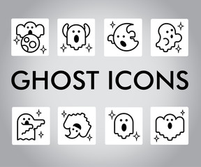 Vector icon set with ghosts characters. Halloween illustration. Cartoon flat style.
