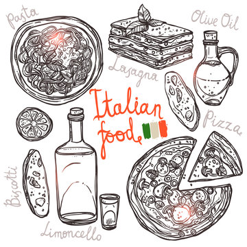 Pizza, Pasta, Lasagna, Olive Oil In Sketch Style. Italian Hand Drawn Food Collection