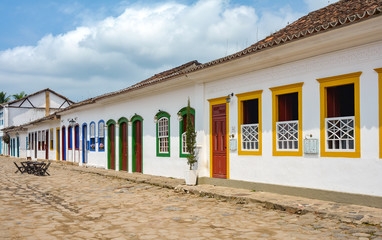 Street with construction, doors and windows in the old colonial town of Paraty in Rio de Janeiro