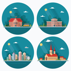 Set of icons of urban life. School, church, university, city. Fl