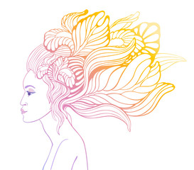 Beautiful girl with flowers in her hair in a graphic arts style. Vector illustration on white background.