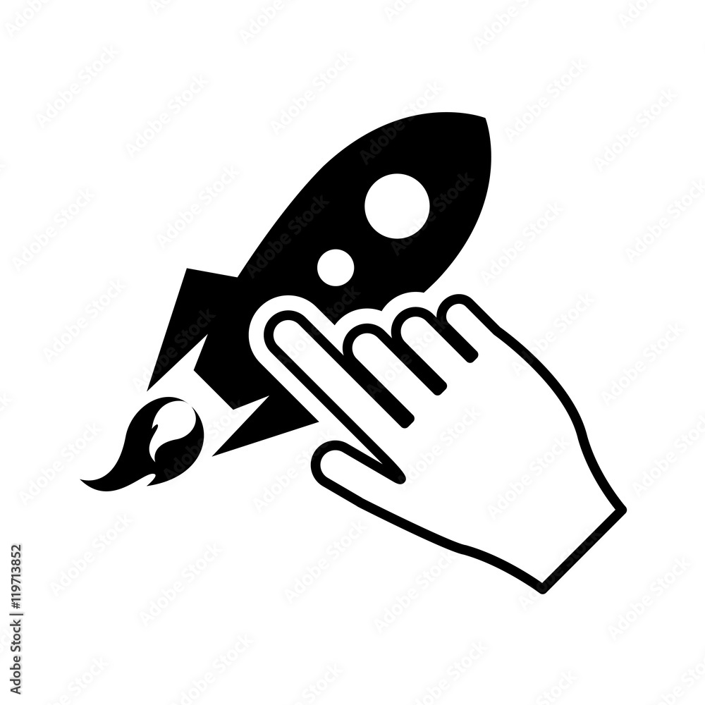 Poster flat design rocket and hand pointer icon vector illustration