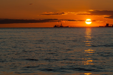 oil tankers at sunset at Point Roberts, Washington state, USA