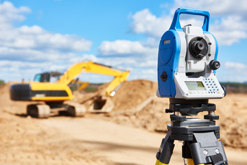 surveyor equipment theodolie at construction site