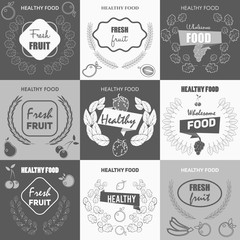 Fototapeta premium Stylish set logos and elements in thin lines for covers, business cards, corporate design. fresh fruit, sale of fruit, advertising and promotion