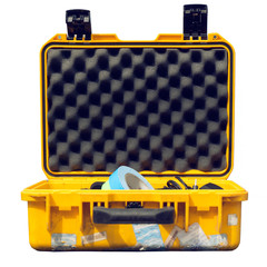 open yellow plastic road flight case isolated on white backgroun