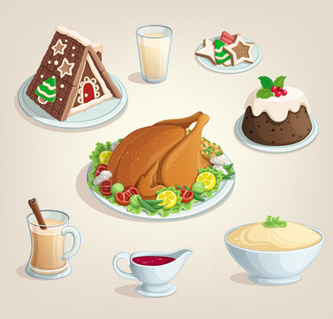 Christmas, thanksgiving, new year. Dinner food dishes illustration color vector White background.