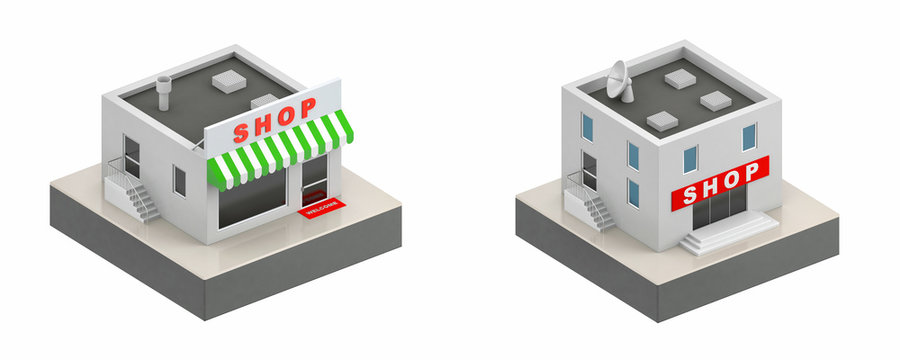 Shop buildings - 3d icon. 3d illustration