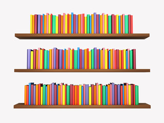 Colorful books on bookshelf isolated on white background