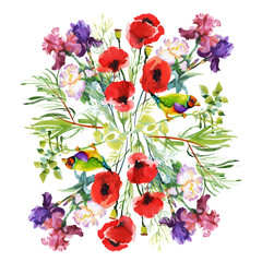Watercolor hand drawn pattern with summer flowers and exotic birds.