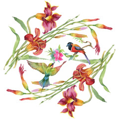 Watercolor hand drawn pattern with summer flowers and exotic birds.