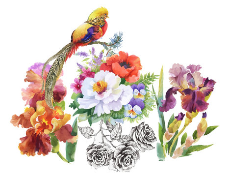 Watercolor hand drawn pattern with summer flowers and exotic birds.