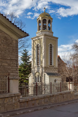 Fototapeta na wymiar Bell tower of The Fish Church, St. Mary the Annunciation, Asenovgrad, Plovdiv Region, Bulgaria