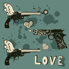 Love guns set. Vintage emblems with gun shooting a heart