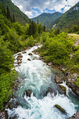 Landscape in Abkhazia with Caucasian ridge and river