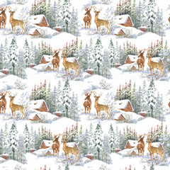 Watercolor winter forest landscape, vector illustration, seamless pattern.