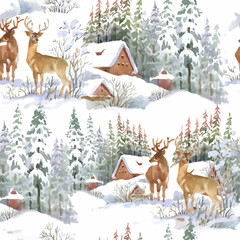 Watercolor winter forest landscape, vector illustration, seamless pattern. - 119718249