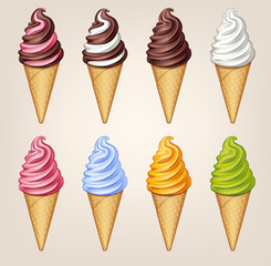 Vector illustration collection of soft ice cream in waffle cone on light background.