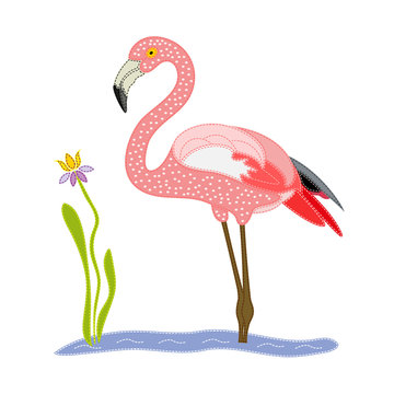 Pink Flamingo standing in the water. Flamingo patchwork on a white background