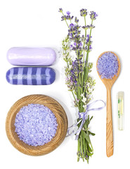 Fototapeta na wymiar lavender, sea salt, aromatic oil and soap on a white background