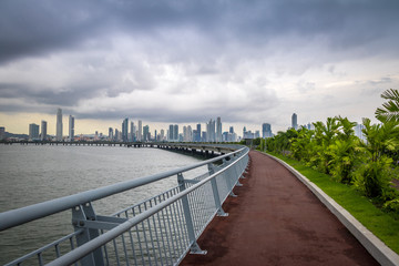 Jogging path wit skyline view in Cinta Costera - Panama City, Panama
