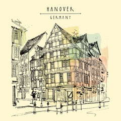 Old town in Hanover, Germany, Europe. Freehand drawing. Travel sketch. Vintage touristic postcard, poster template or book illustration