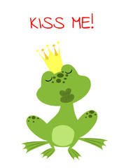 charmed prince frog in a golden crown waiting for a kiss and text Kiss Me