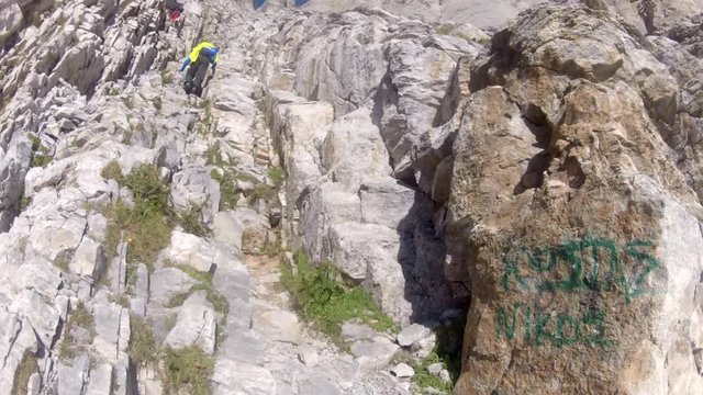 Climbing expedition, mountainering on Olymp mountain in Greece