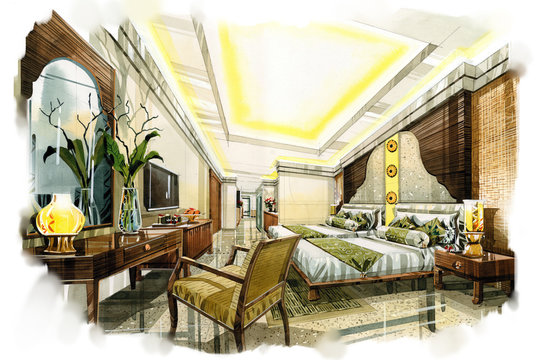 sketch interior twing bedroom into a watercolor on paper.