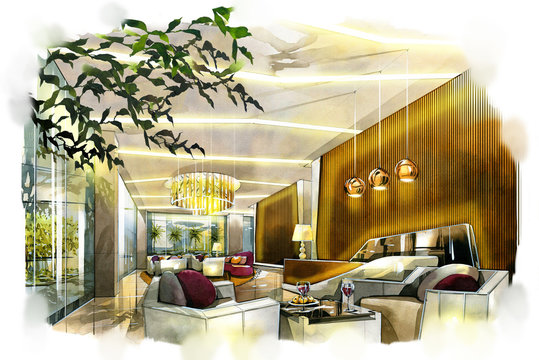 sketch interior lobby into a watercolor on paper.