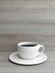 Cup of coffee on wooden background with copy space. 3d illustration