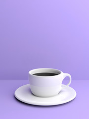 Cup of coffee on purple background with copyspace. 3d illustration