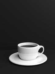 Cup of coffee on black background with copyspace. 3d illustration