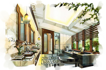 sketch interior bath room into a watercolor on paper.