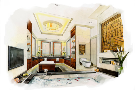 sketch interior bath room into a watercolor on paper.