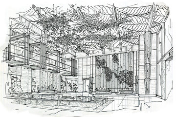 sketch interior perspective lobby, black and white interior design.