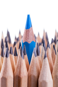 One sharpened blue pencil among many ones