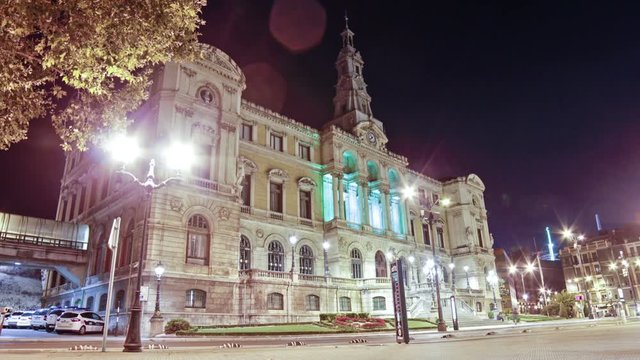 Town Hall of the city of Bilbao. Time lapse at night.