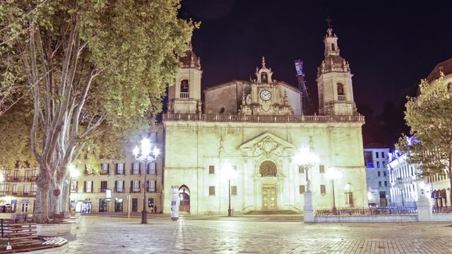 Saint Nicholas Church on the city of Bilbao. Time lapse at night.