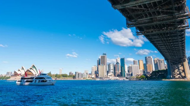 4k hyperlapse video of Sydney CBD in daytime, with view of Harbour Bridge and Opera House