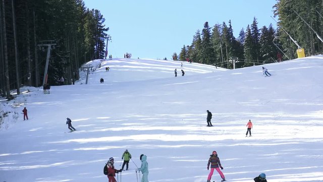 Skiers ski at World cup ski slope in 