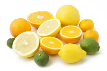 Fototapeta na wymiar Mixed citrus fruits including lemon, lime, grapefruits, oranges, satsuma oranges, yuzu and sudachi 