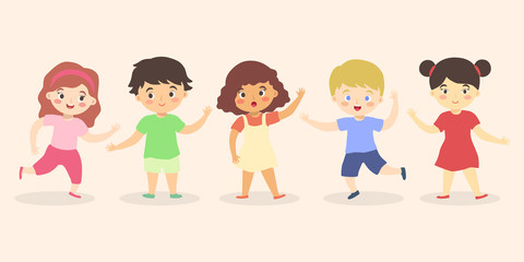 Fun cute multi ethnic Boys and Girls Kid group Set Cartoon Vector illustration